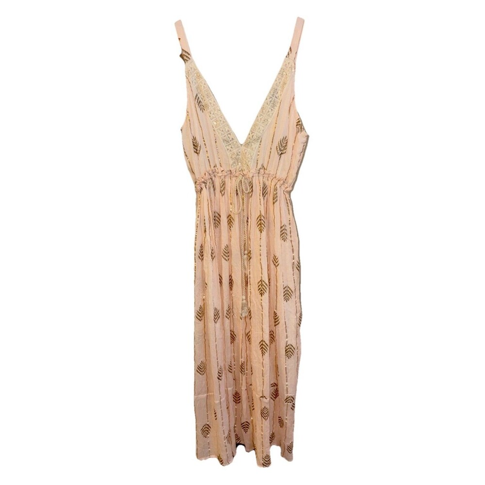 Bohemia Boutique Beige Cotton A-Line Midi V-Neck Strappy Sequin Floral M